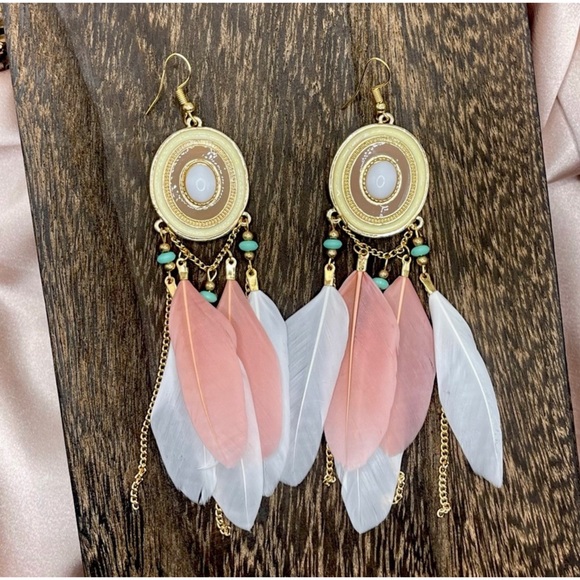 Blossom Boutique Jewelry - Bohemian Pink And White Feather Turquoise Beaded Earrings